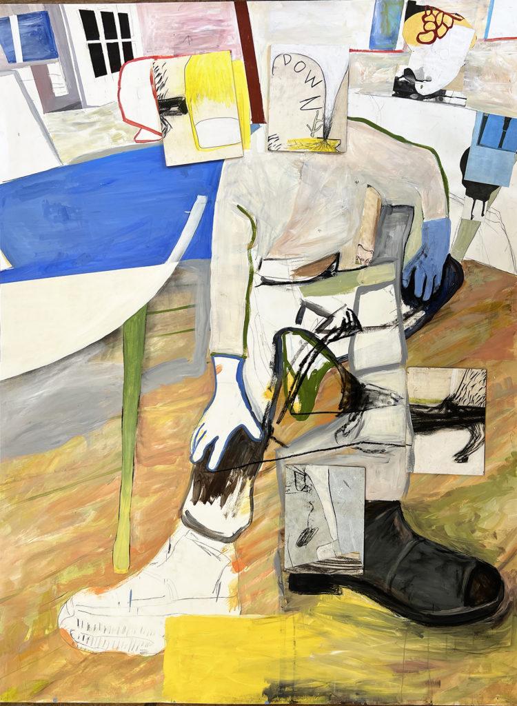 Tatana Kellner. Down and out, acrylic and charcoal on paper with wood inserts, 72" x 57", 2022