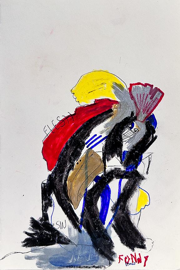Edgar Moza Demon II, mixed media on paper, 4"x6", 2021