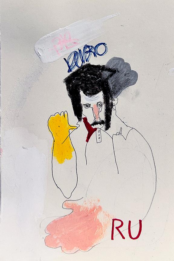 Edgar Moza RU, mixed media on paper, 4"x6", 2021