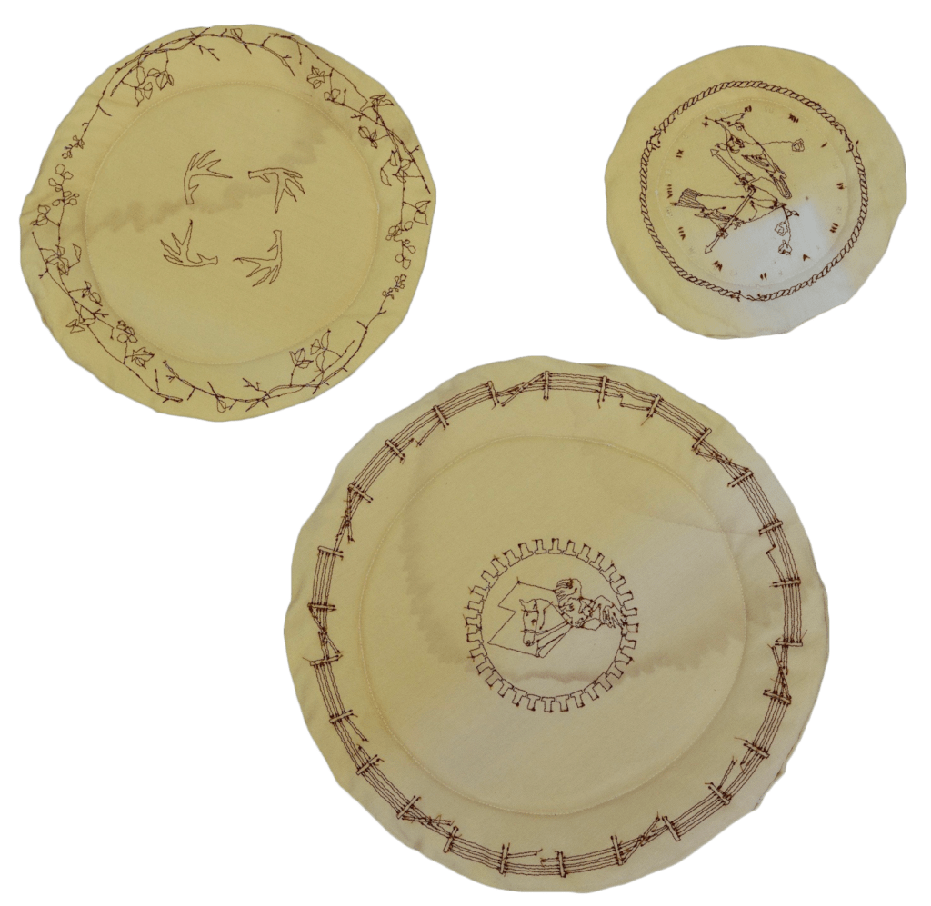 The Plates Soft-Sculpture Series, 2022, archival family textiles, embroidery. Meghan Murphy